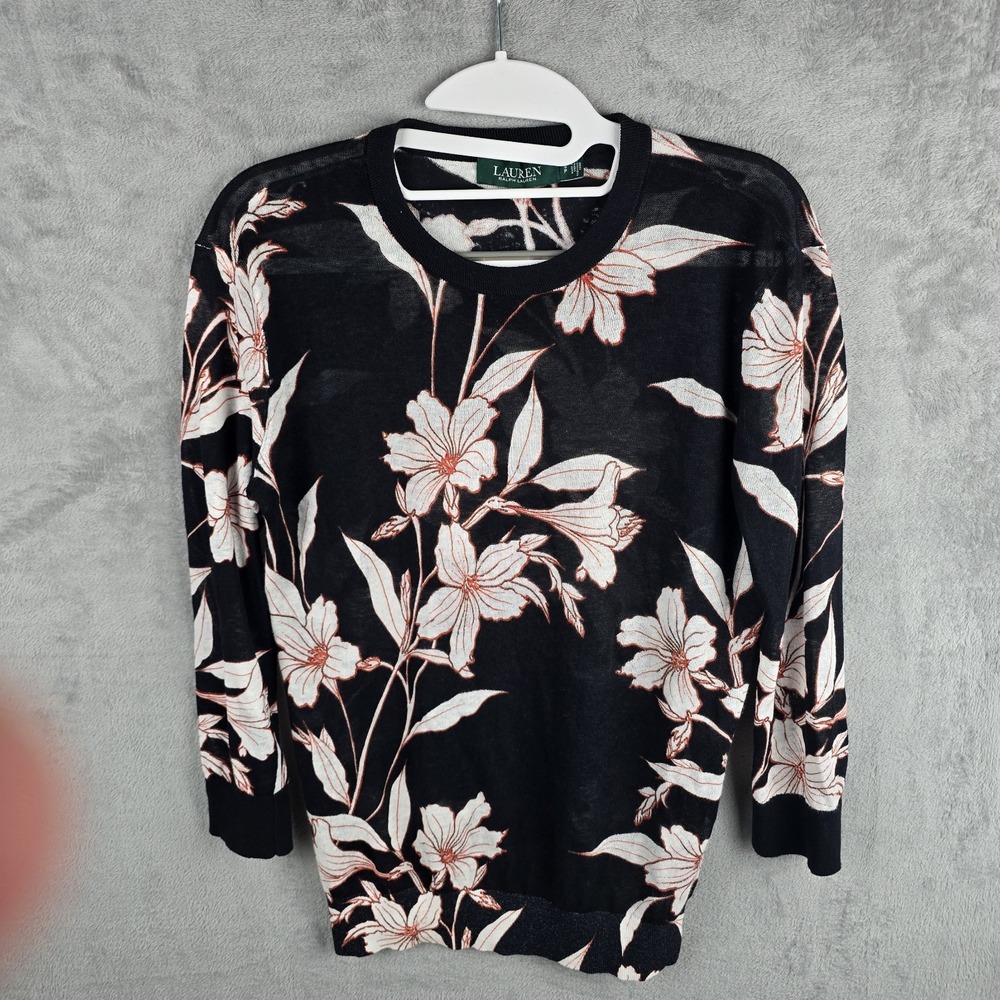 Lauren Ralph Lauren Womens Black Floral Crew Neck 3/4 Sleeve Knit Sweater Small